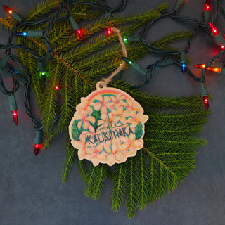 Mele Kalikimaka Plumeria Wood Ornament